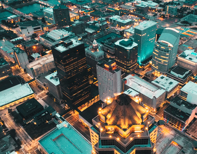 Aerial view of city buildings and streets