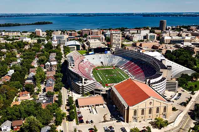 Aerial view of stadium in Madison, WI