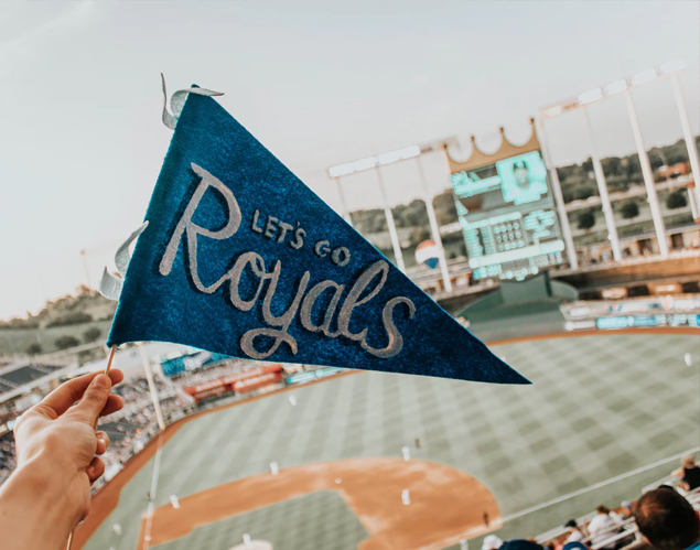 Kansas City Royals Fan holding a Royals flag in a baseball stadium
