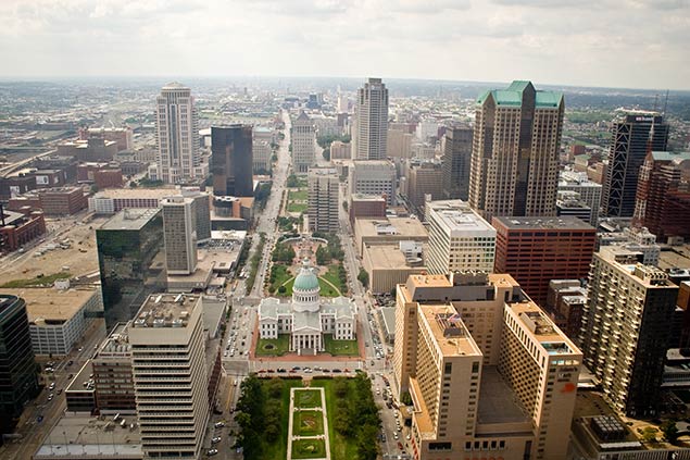 Aerial view of St. Louis, MO city buildings